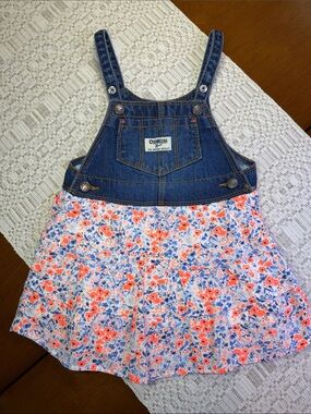 Girls’ OshKosh B'gosh Denim Bib Floral Skirtall - Blue & Coral